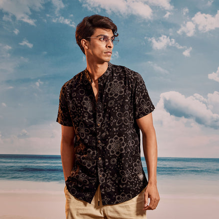 Black Gray Lime Chinese Collar Short Sleeve  - Batik Shirt