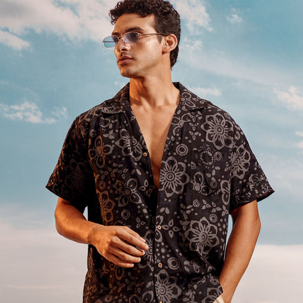 Black Gray Lime Cuban Collar Short Sleeve -  Batik Shirt