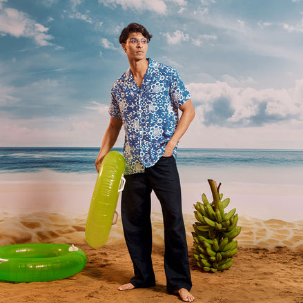 Blue White Lime Cuban Collar Short Sleeve  - Batik Shirt