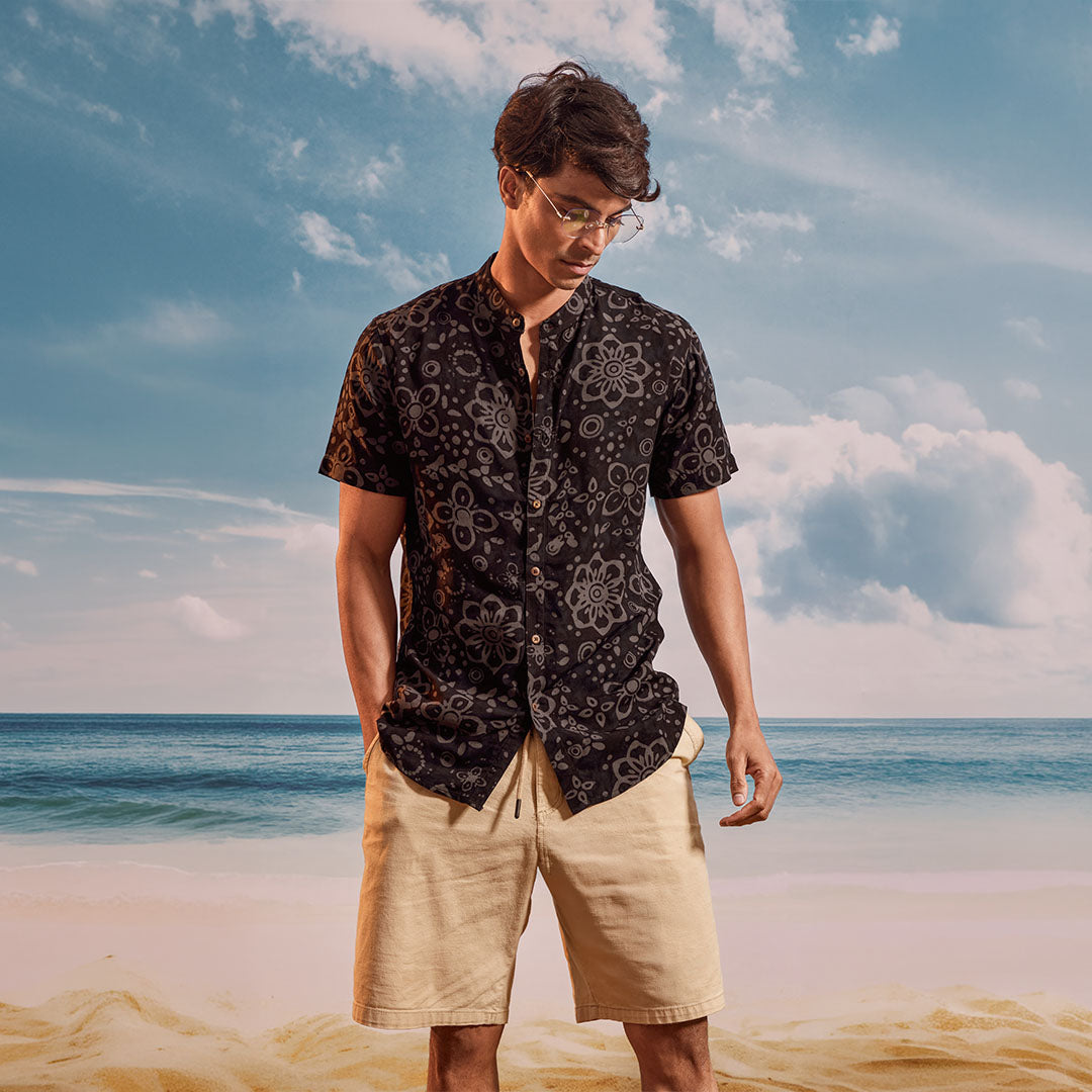 Black Gray Lime Chinese Collar Short Sleeve  - Batik Shirt