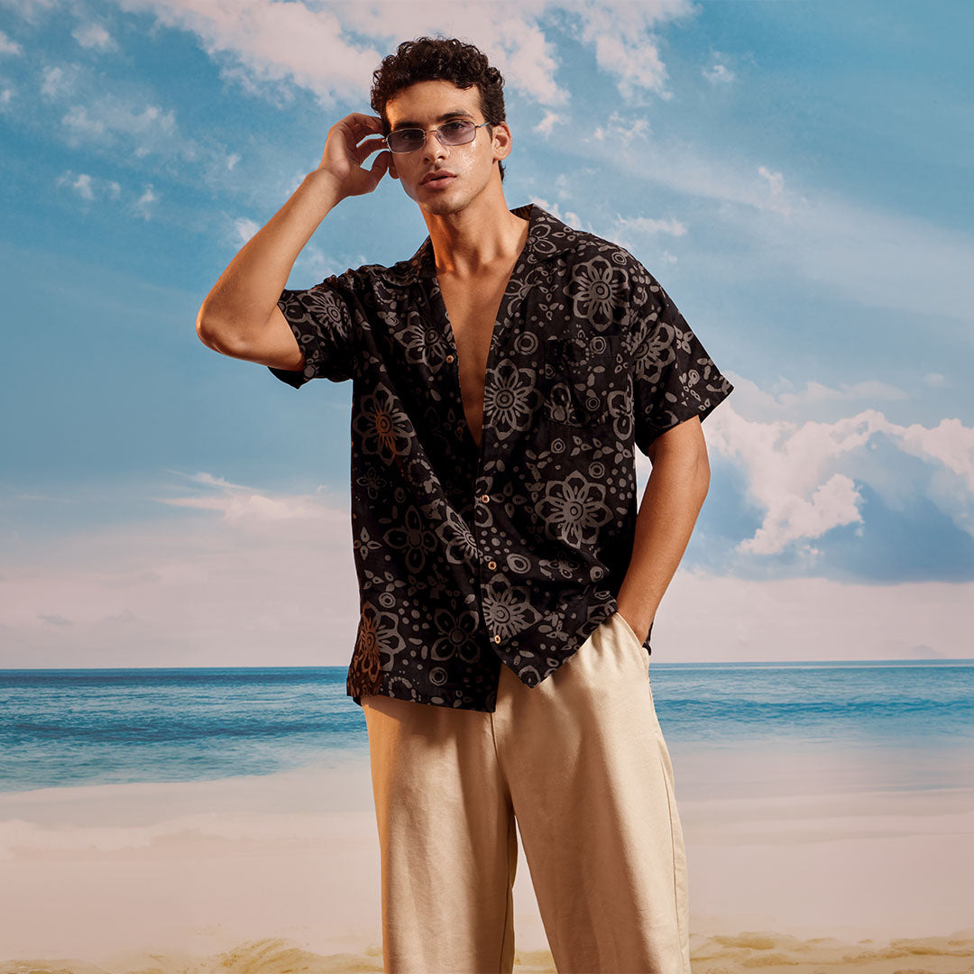 Black Gray Lime Cuban Collar Short Sleeve -  Batik Shirt
