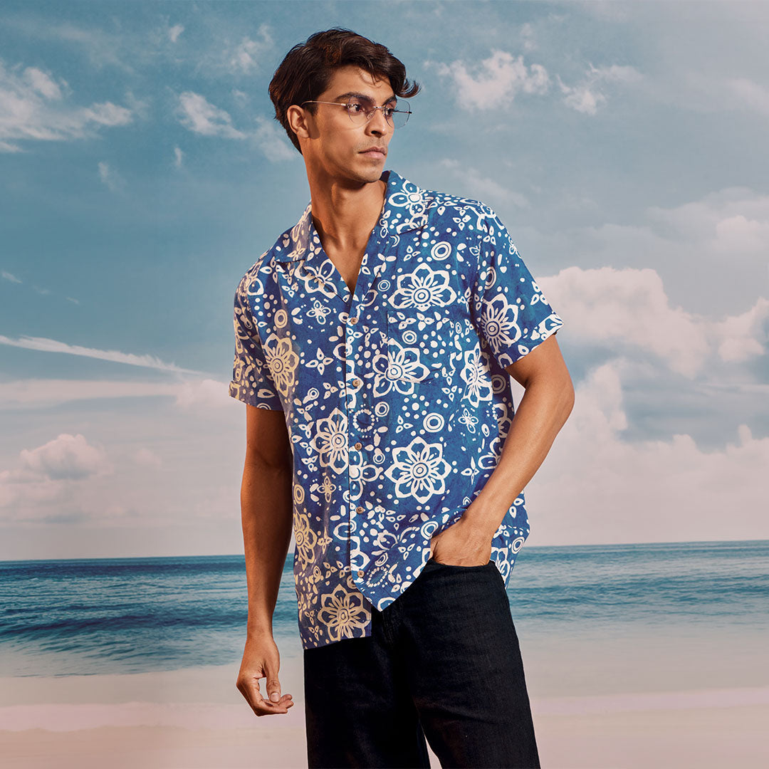Blue White Lime Cuban Collar Short Sleeve  - Batik Shirt
