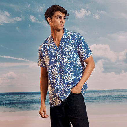 Blue White Lime Cuban Collar Short Sleeve  - Batik Shirt