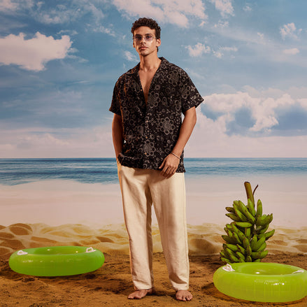 Black Gray Lime Cuban Collar Short Sleeve -  Batik Shirt