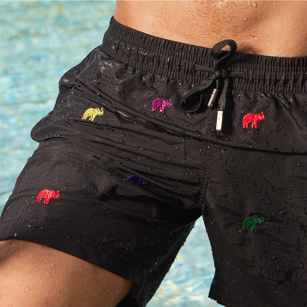 Beach Short Black with All Over Elephant Embroidery
