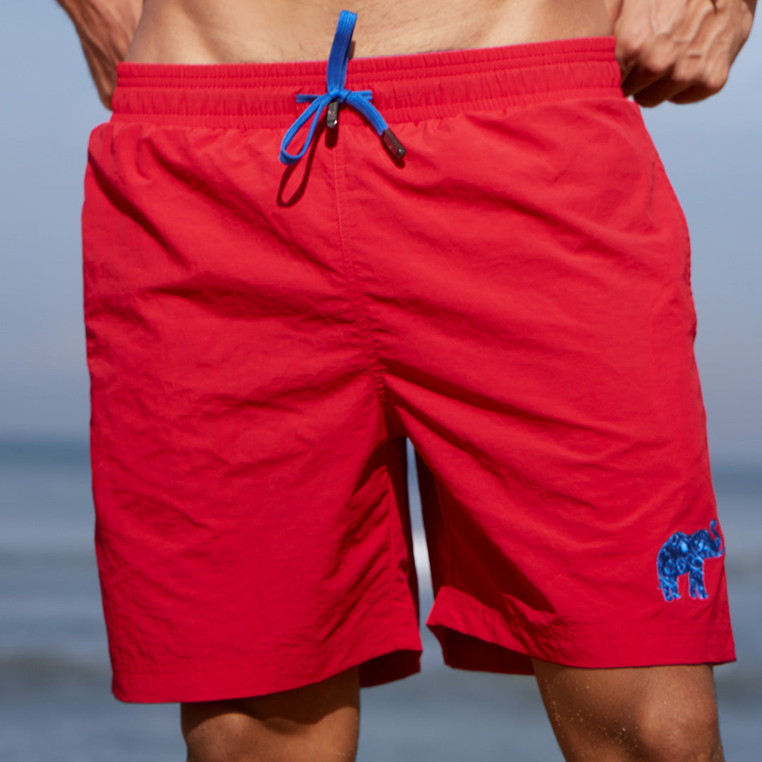 Beach Short Red with Single Colour Elephant Embroidery