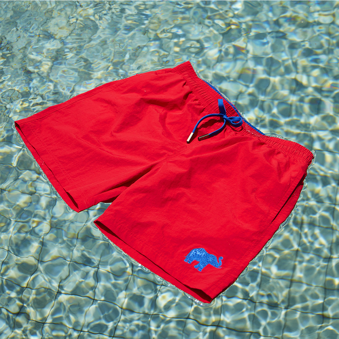 Beach Short Red with Single Colour Elephant Embroidery