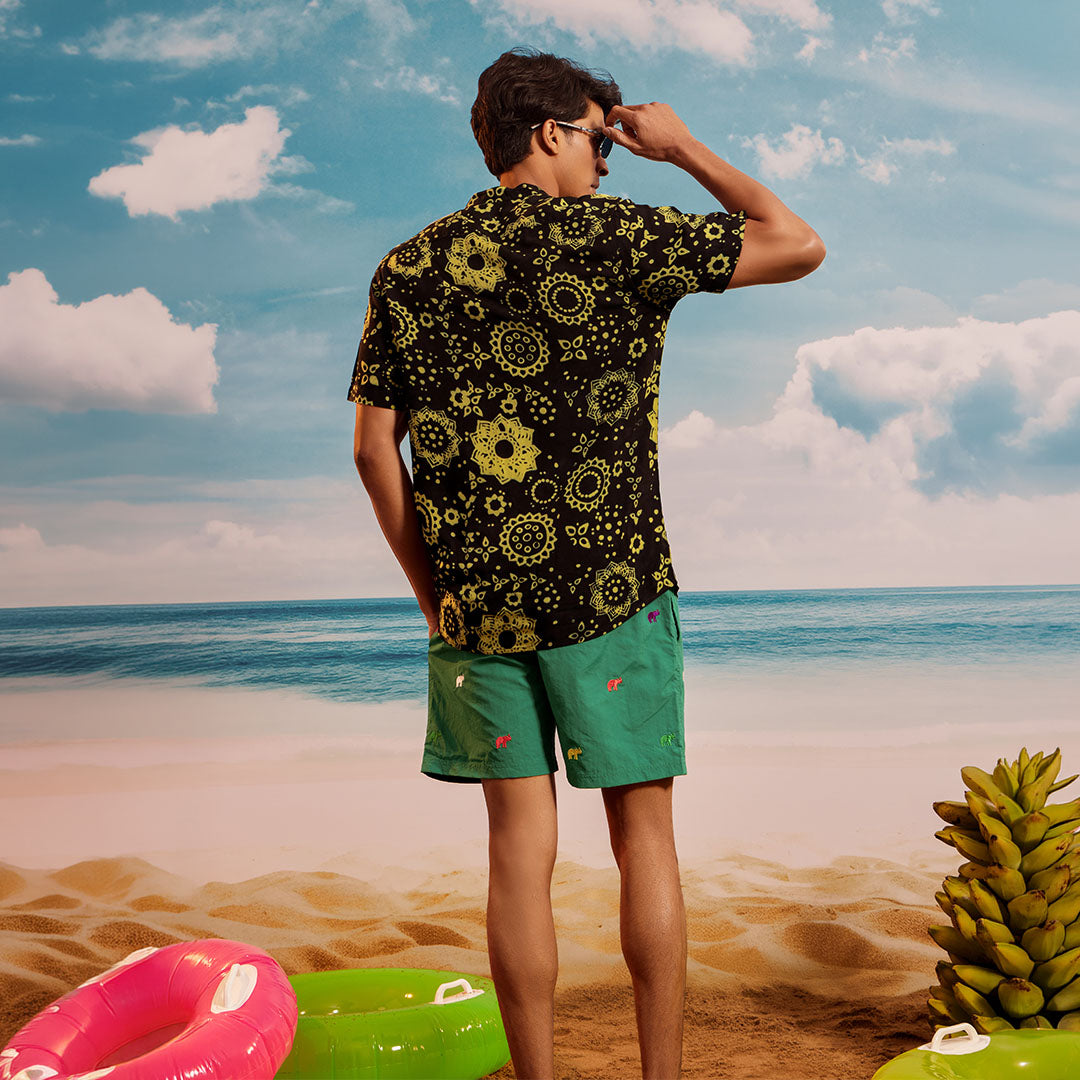 Black Yellow Lotus Chinese Collar Short Sleeve  - Batik Shirt