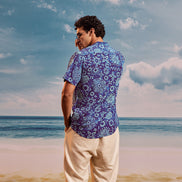 Dark Blue Sea Blue Mango Chinese Collar Short Sleeve  - Batik Shirt