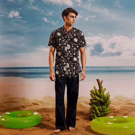 Black White Grape Chinese Collar Short Sleeve  -  Batik Shirt