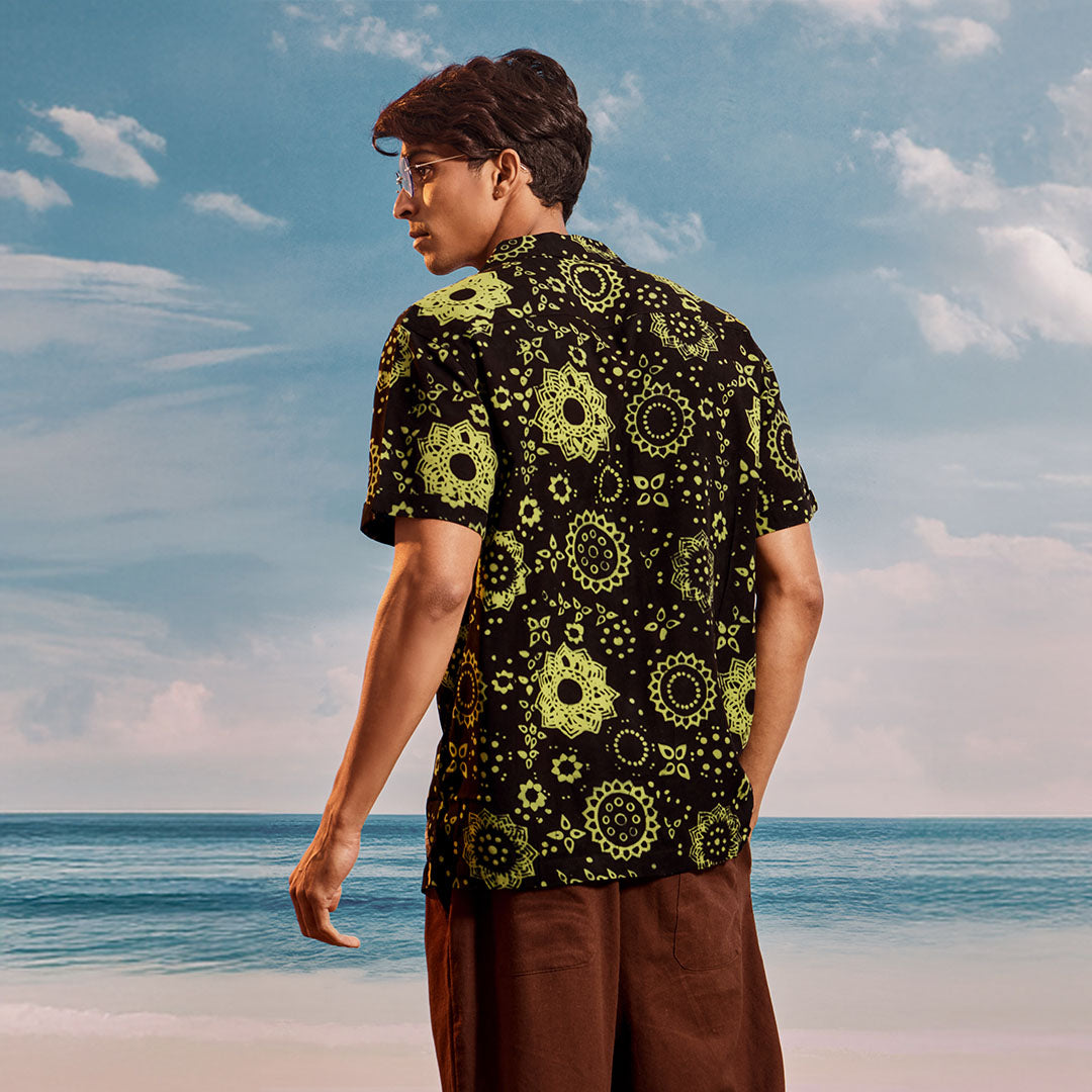 Black Yellow Lotus Cuban Collar Short Sleeve - Batik Shirt