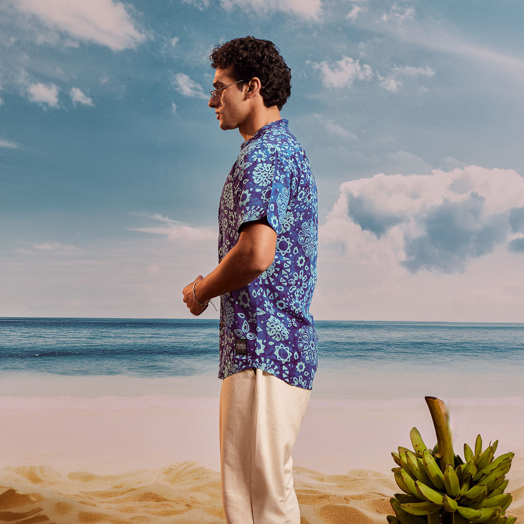 Dark Blue Sea Blue Mango Chinese Collar Short Sleeve  - Batik Shirt