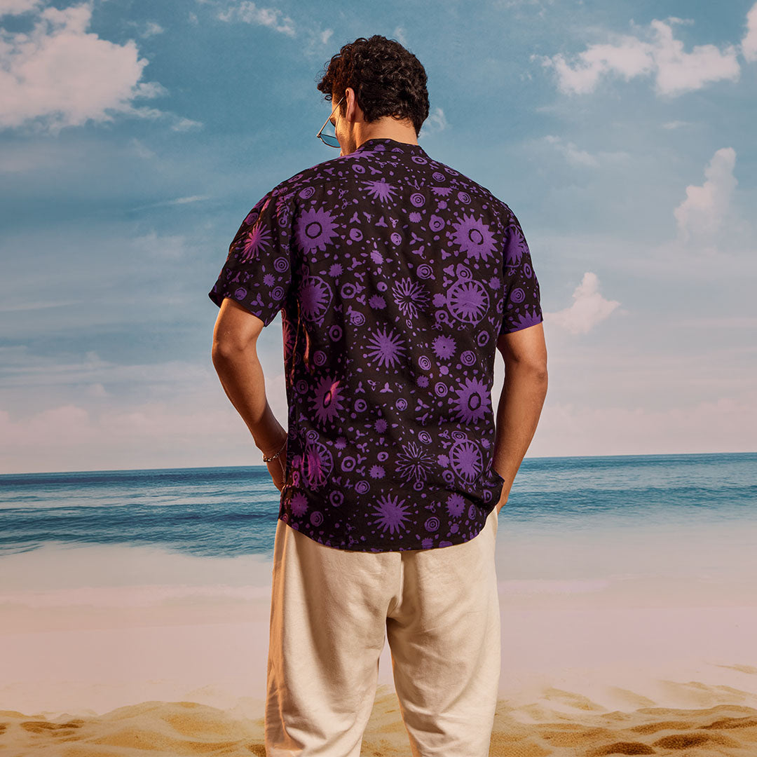 Black Purple Grape Chinese Collar Short Sleeve - Batik Shirt