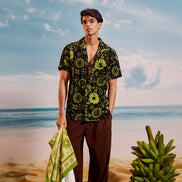 Black Yellow Lotus Cuban Collar Short Sleeve - Batik Shirt