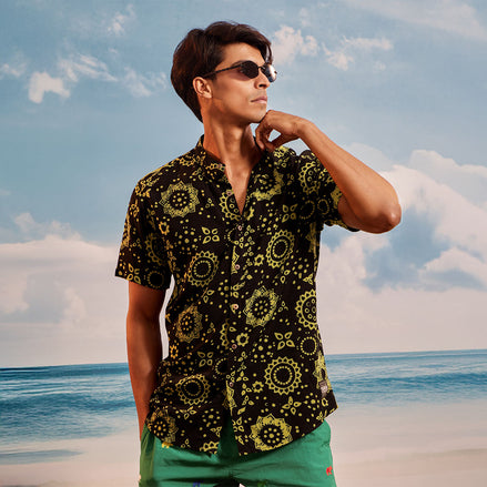 Black Yellow Lotus Chinese Collar Short Sleeve  - Batik Shirt