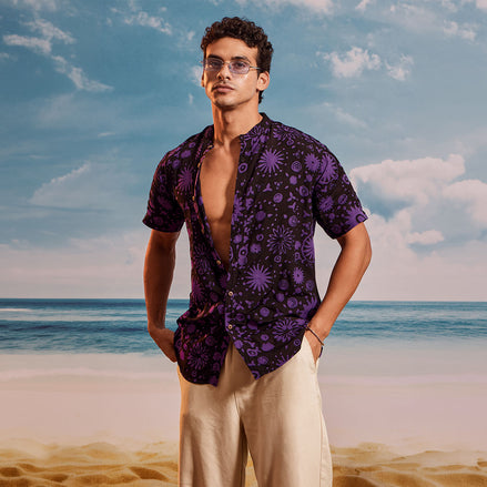 Black Purple Grape Chinese Collar Short Sleeve - Batik Shirt