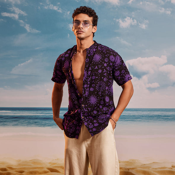 Black Purple Grape Chinese Collar Short Sleeve - Batik Shirt