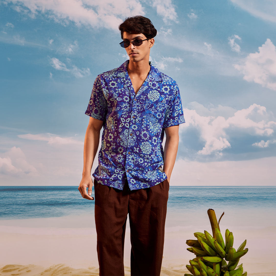 Dark Blue Sea Blue Mango Cuban Collar Short Sleeve -  Batik Shirt
