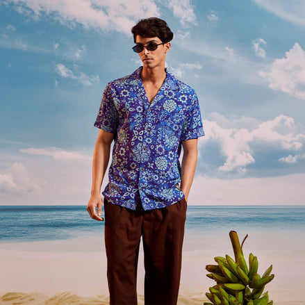 Dark Blue Sea Blue Mango Cuban Collar Short Sleeve -  Batik Shirt