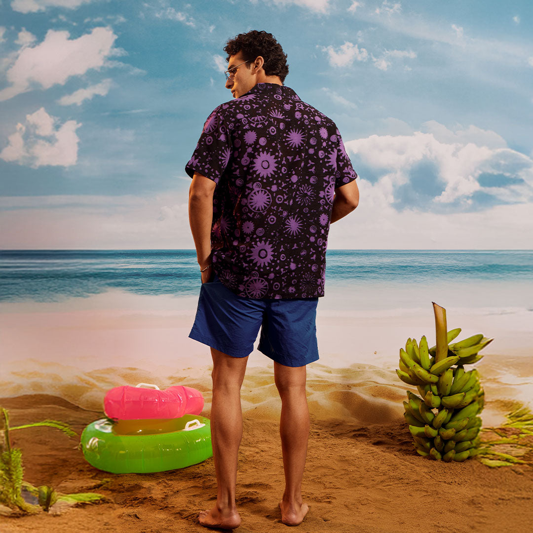 Black Purple Grape Cuban Collar Short Sleeve - Batik Shirt