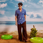 Dark Blue Sea Blue Mango Cuban Collar Short Sleeve -  Batik Shirt