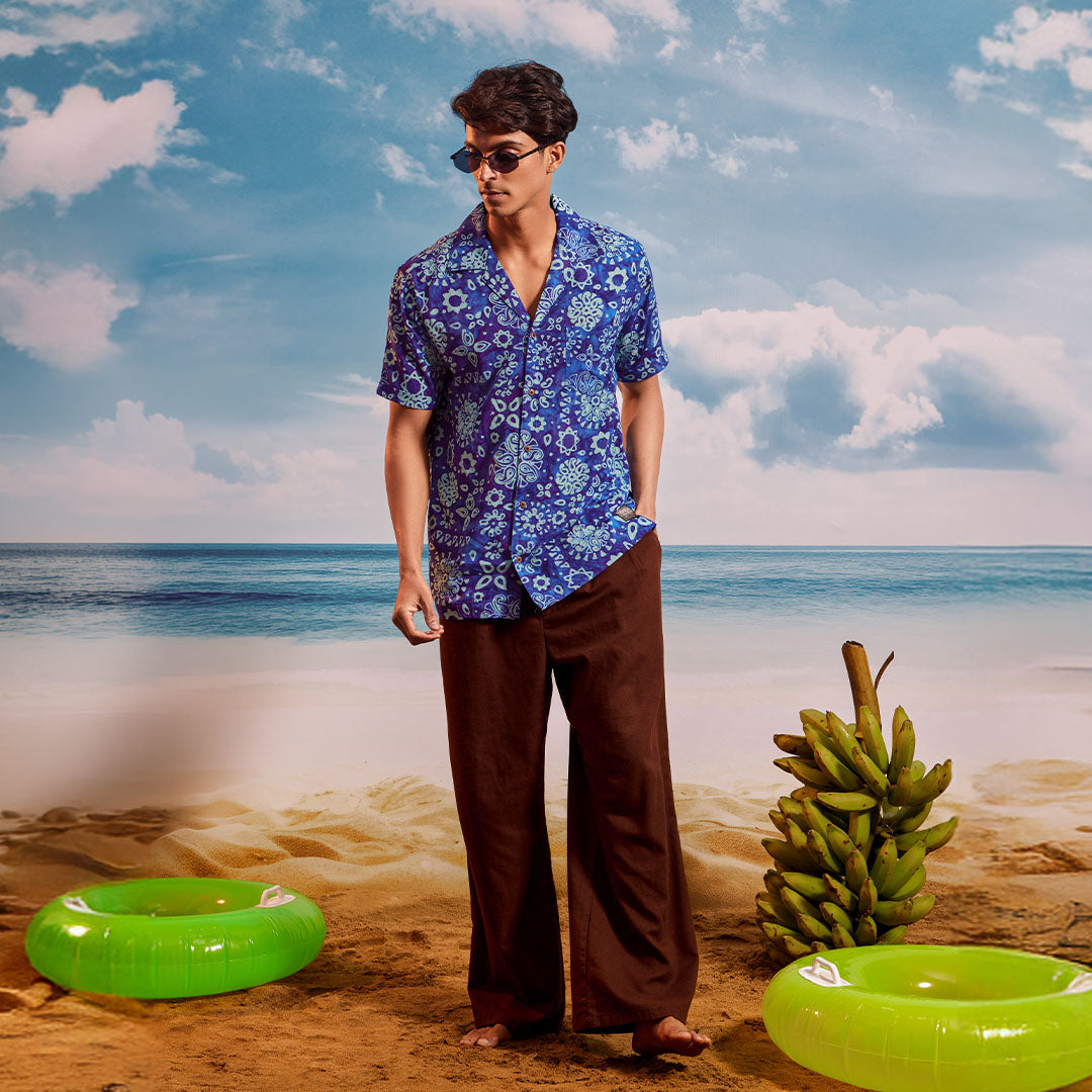 Dark Blue Sea Blue Mango Cuban Collar Short Sleeve -  Batik Shirt