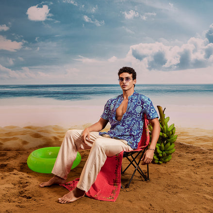 Dark Blue Sea Blue Mango Chinese Collar Short Sleeve  - Batik Shirt