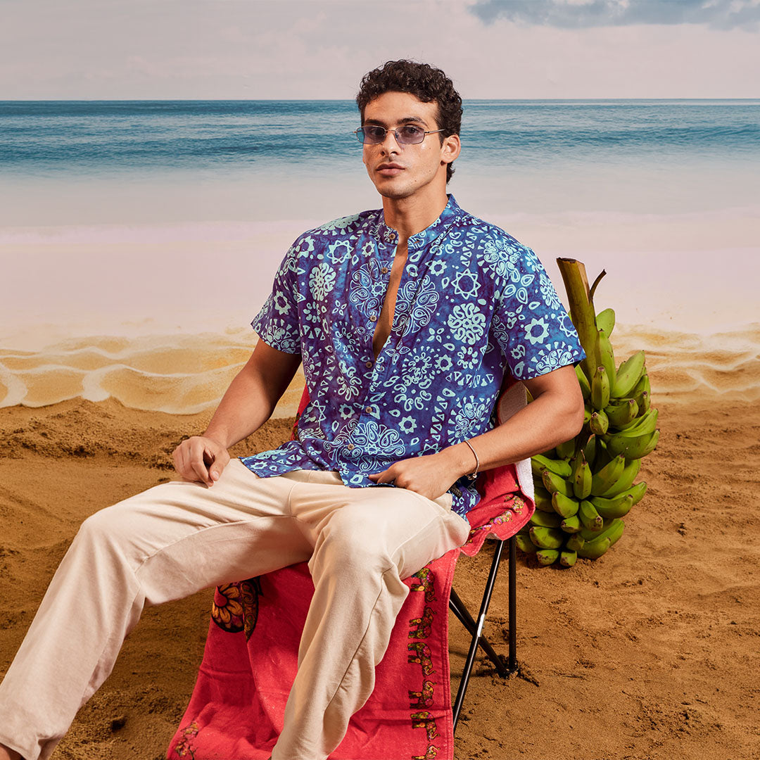 Dark Blue Sea Blue Mango Chinese Collar Short Sleeve  - Batik Shirt