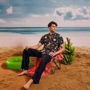 Black White Grape Chinese Collar Short Sleeve  -  Batik Shirt