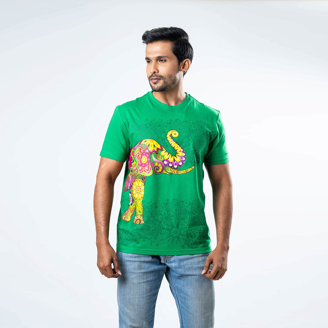 Men's Single Printed Crew Neck - Green