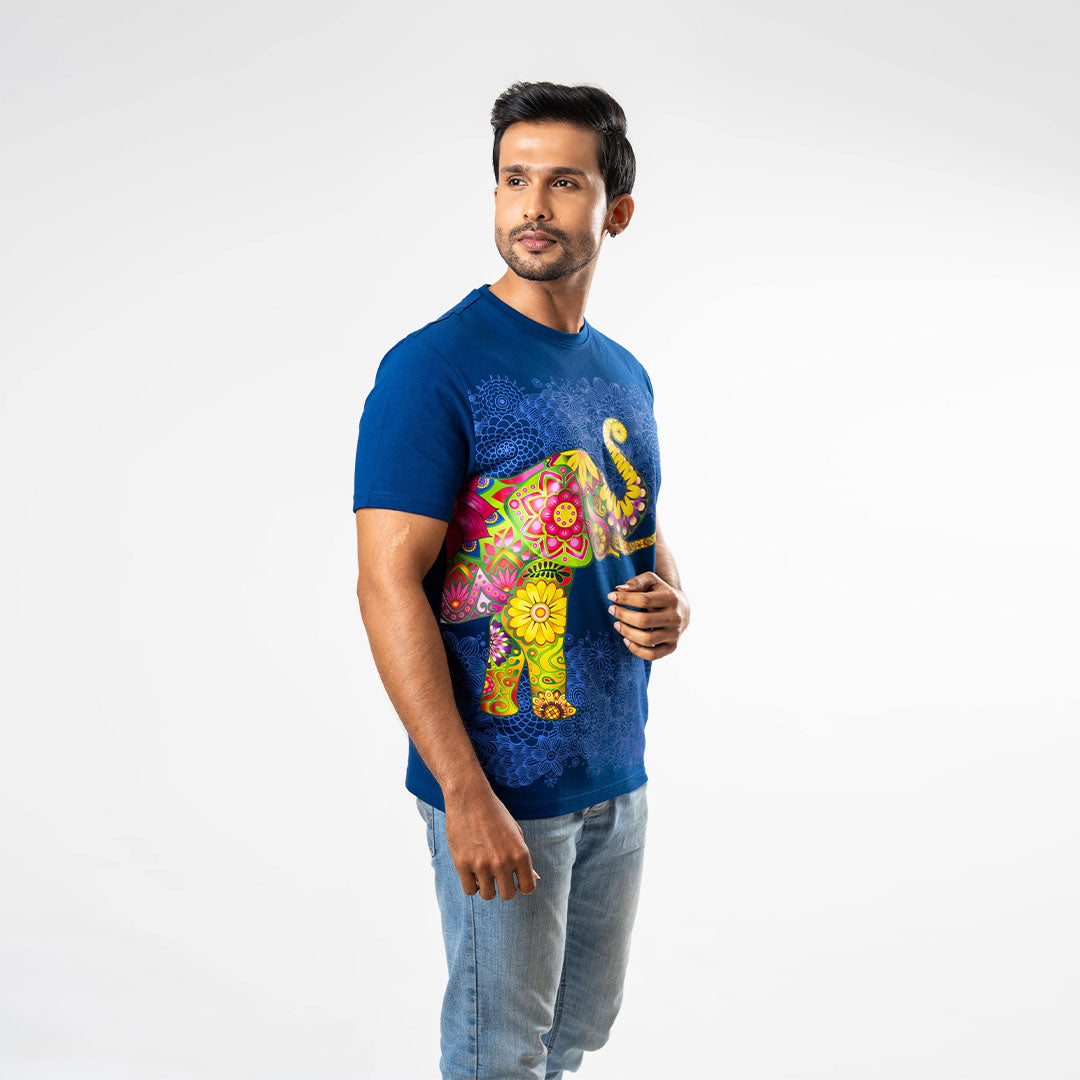 Men's Single Printed Crew Neck - Navy