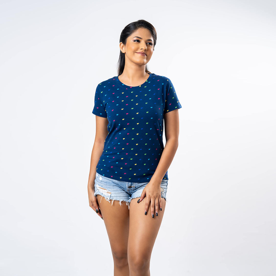 Ladie's Multitude Printed Crew Neck - Navy