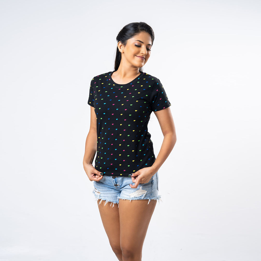 Ladie's Multitude Printed Crew Neck - Black