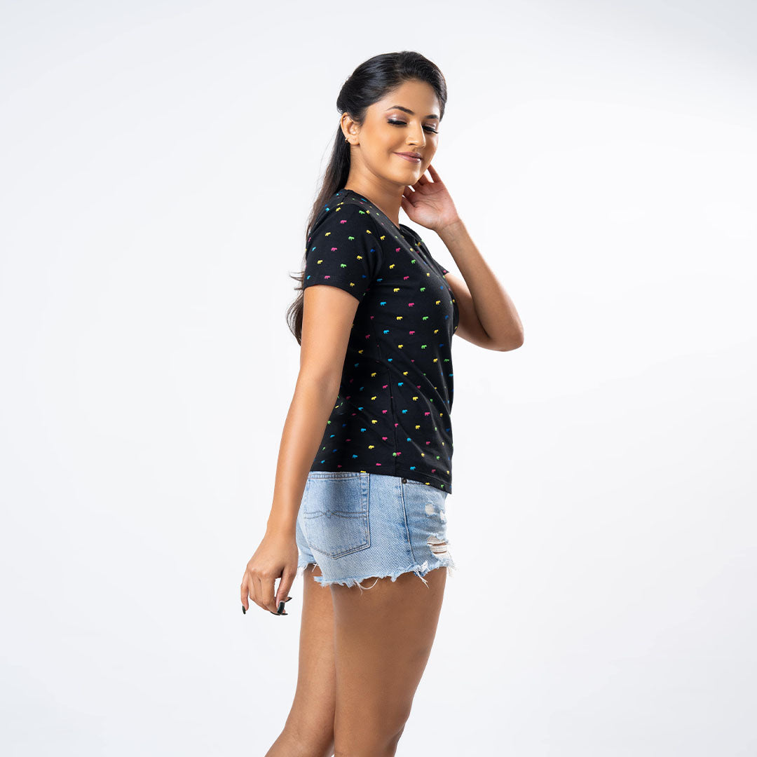 Ladie's Multitude Printed Crew Neck - Black