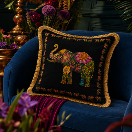 Ceylon Elephant- Black 18"x18" Royal Cushion Cover