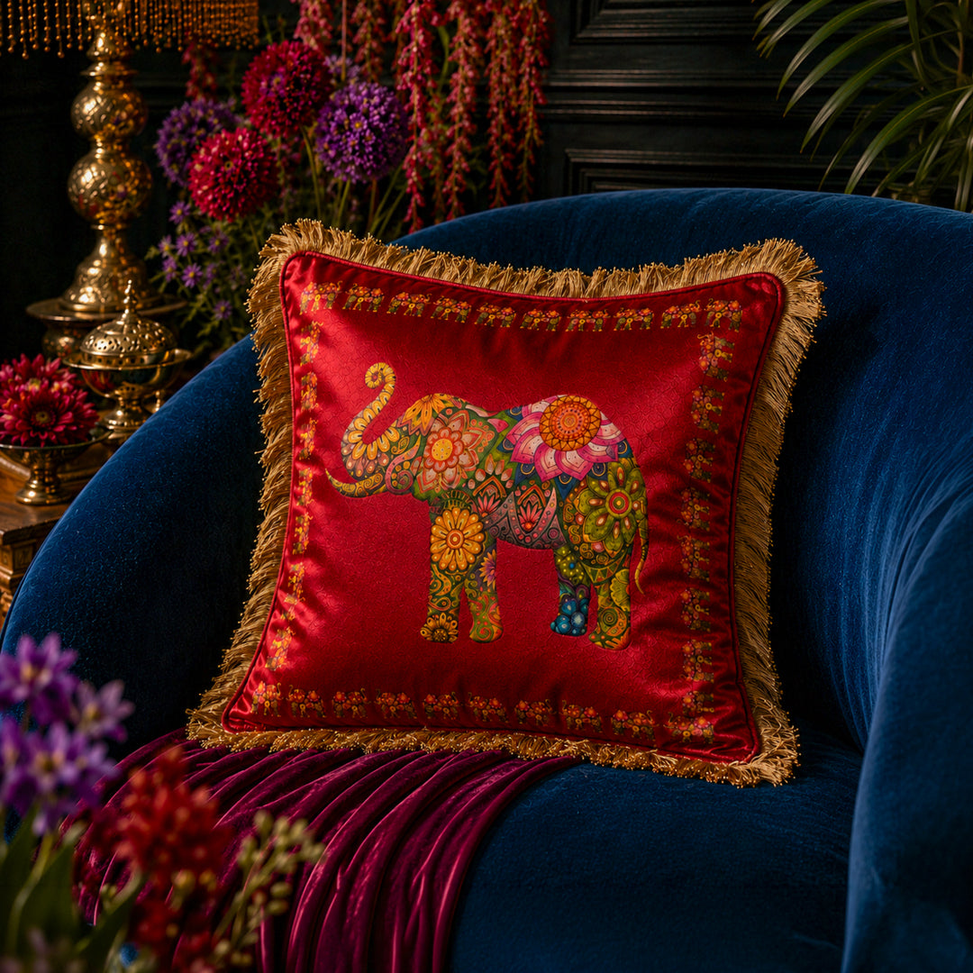Ceylon Elephant - Red 18"x18" Royal Cushion Cover