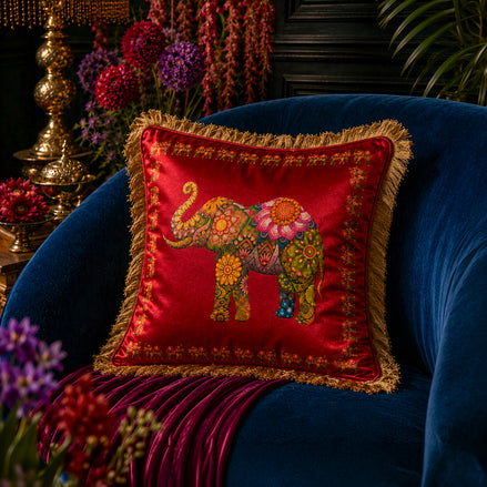 Ceylon Elephant - Red 18"x18" Royal Cushion Cover