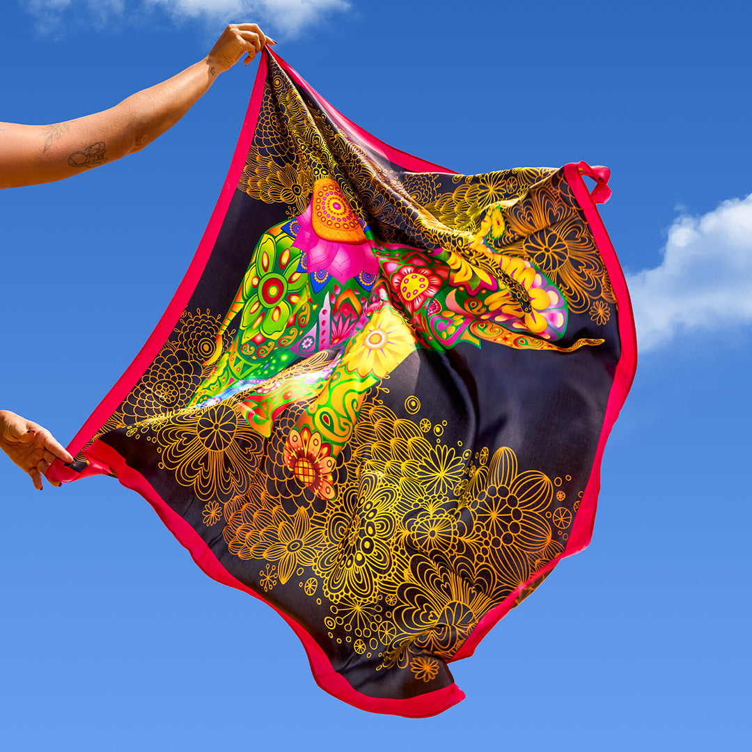 Silk Scarf  Ceylon Elephant Printed - Black - 100cmX100cm