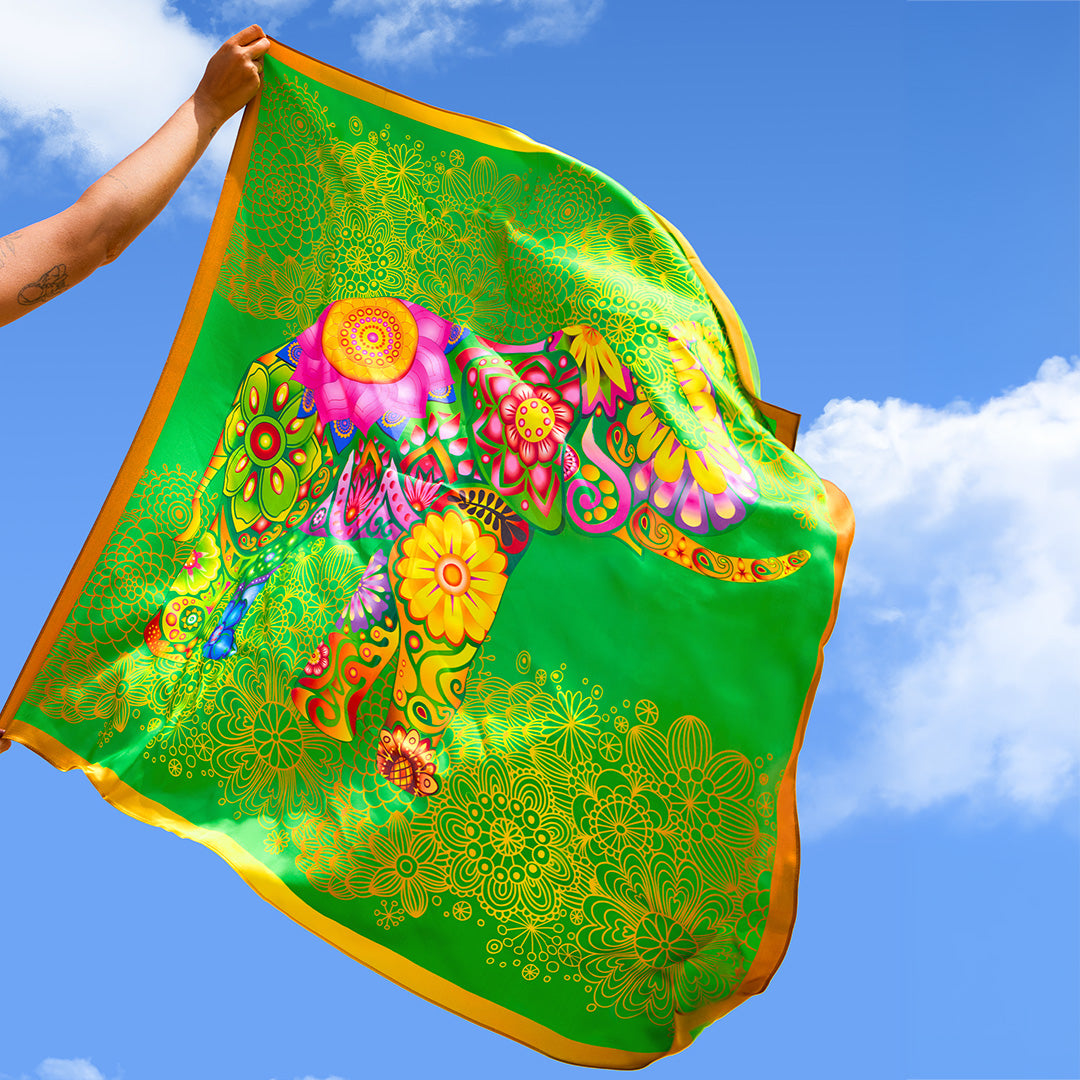 Silk Scarf  Ceylon Elephant Printed - Green - 100cmX100cm