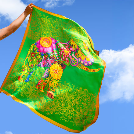 Silk Scarf  Ceylon Elephant Printed - Green - 100cmX100cm
