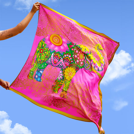 Silk Scarf  Ceylon Elephant Printed - Pink - 100cmX100cm