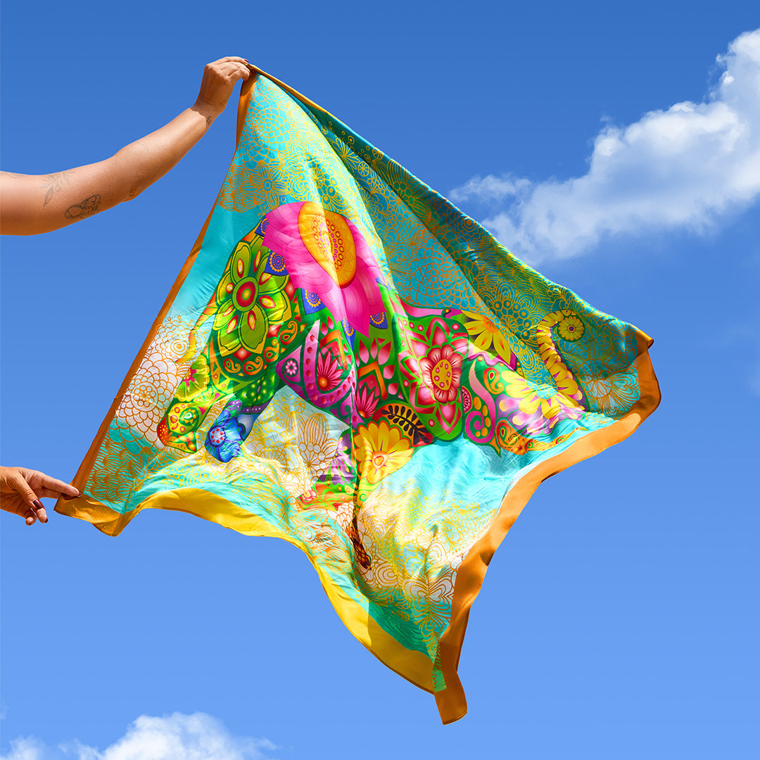 Silk Scarf  Ceylon Elephant Printed - Turquise - 100cmX100cm