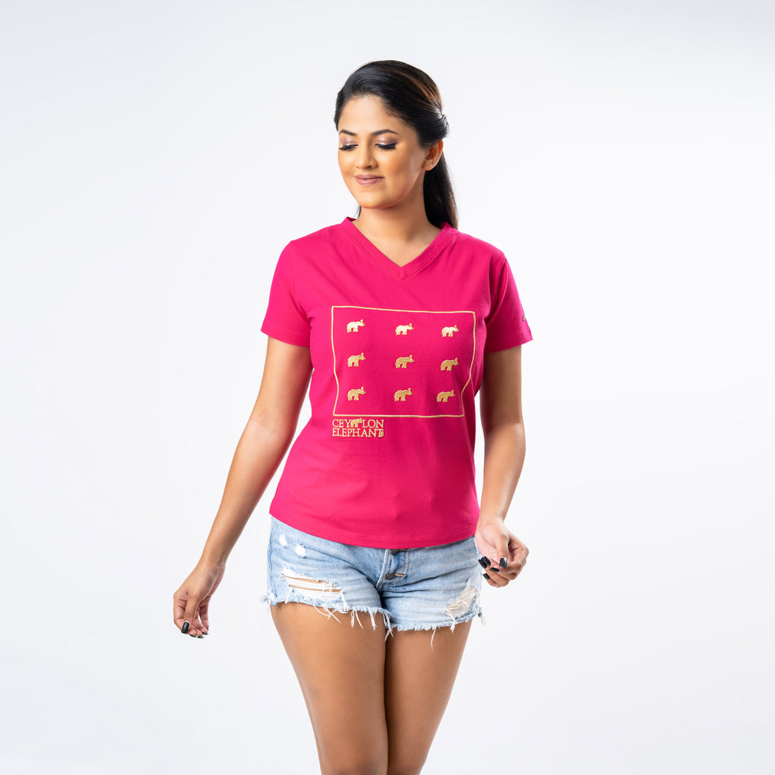 Ladie's Embroidered V-Neck - Hot Pink